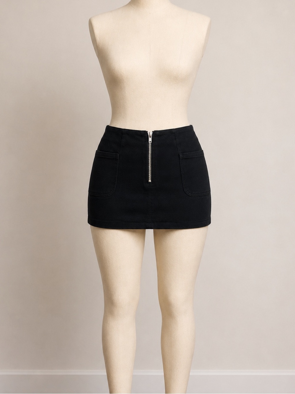 White Fox Black Denim Front Zip Mini Skirt, Size M